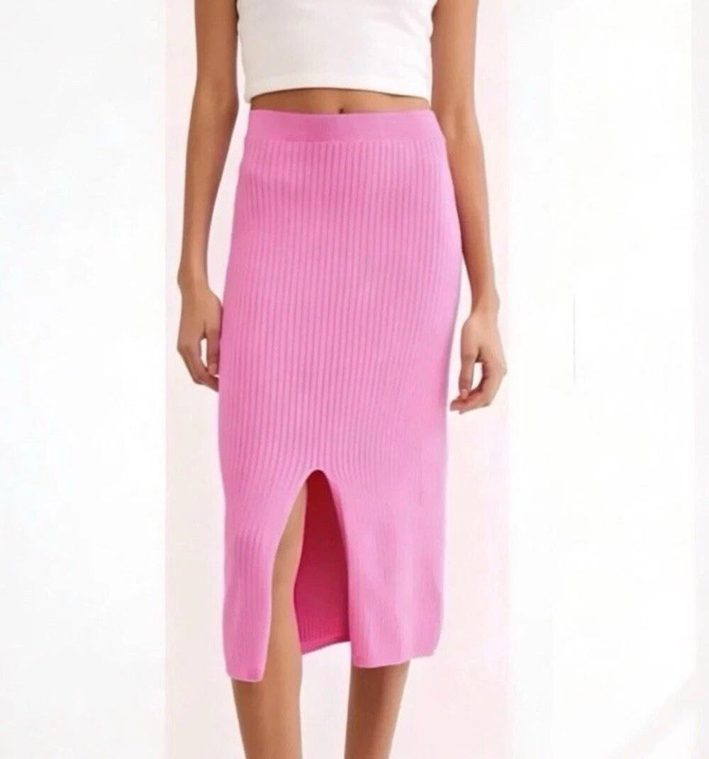 Free People Women's Skyline Ribbed Fitted Pink Front Slit Midi Skirt Size Medium